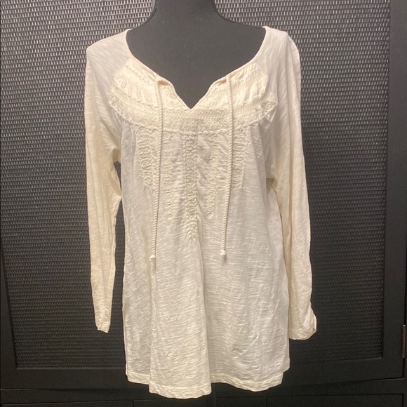 Lucky Brand Cream Tunic with Split V-Neck Long Sleeve and Tie Front - Picture 1 of 9